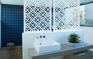 Elysium Decorative Screens House With Blue and White Bathroom Featuring Decorative Privacy Panel Screens In Geometric Design