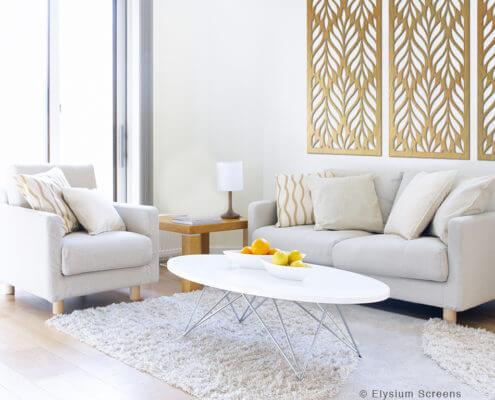 Elysium_Screens_Lounge_Gold_Floral_Design Elysium Decorative Screens Gallery Image Lounge Room with Gold Floral Print Decorative Screen