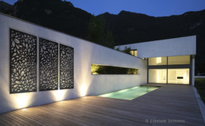 Elysium Decorative Screens large Modern House With Oudoor Pool, large timber deck featuring three metal decorative outdoor screens