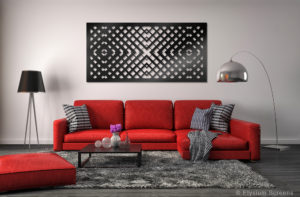 Elysium Decorative Screens House With Modern Red Lounge with aluminium composite decorative screen in black featuring geometric pattern